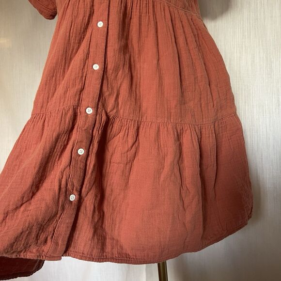 Madewell Lightspun Cuff Sleeve Button Front Tiered Dress Orange V Neck Medium - Picture 10 of 14